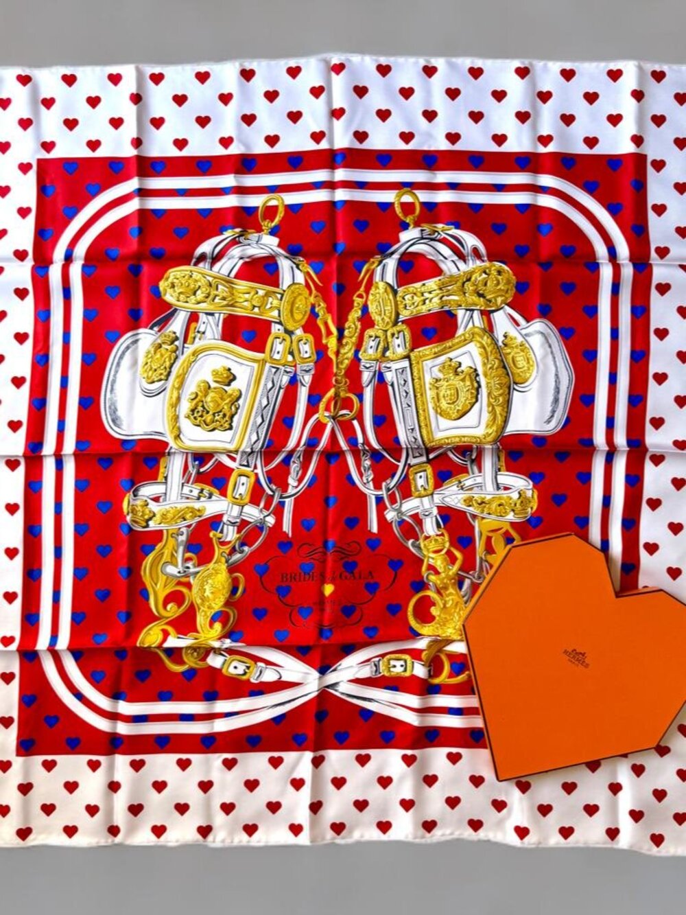 Hermes Brides de Gala Love Red Silk Scarf With Heart Shaped Box
